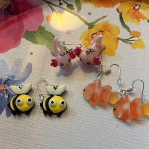 Cute Animal Earrings Set- Bees, Clownfish, Axoltle